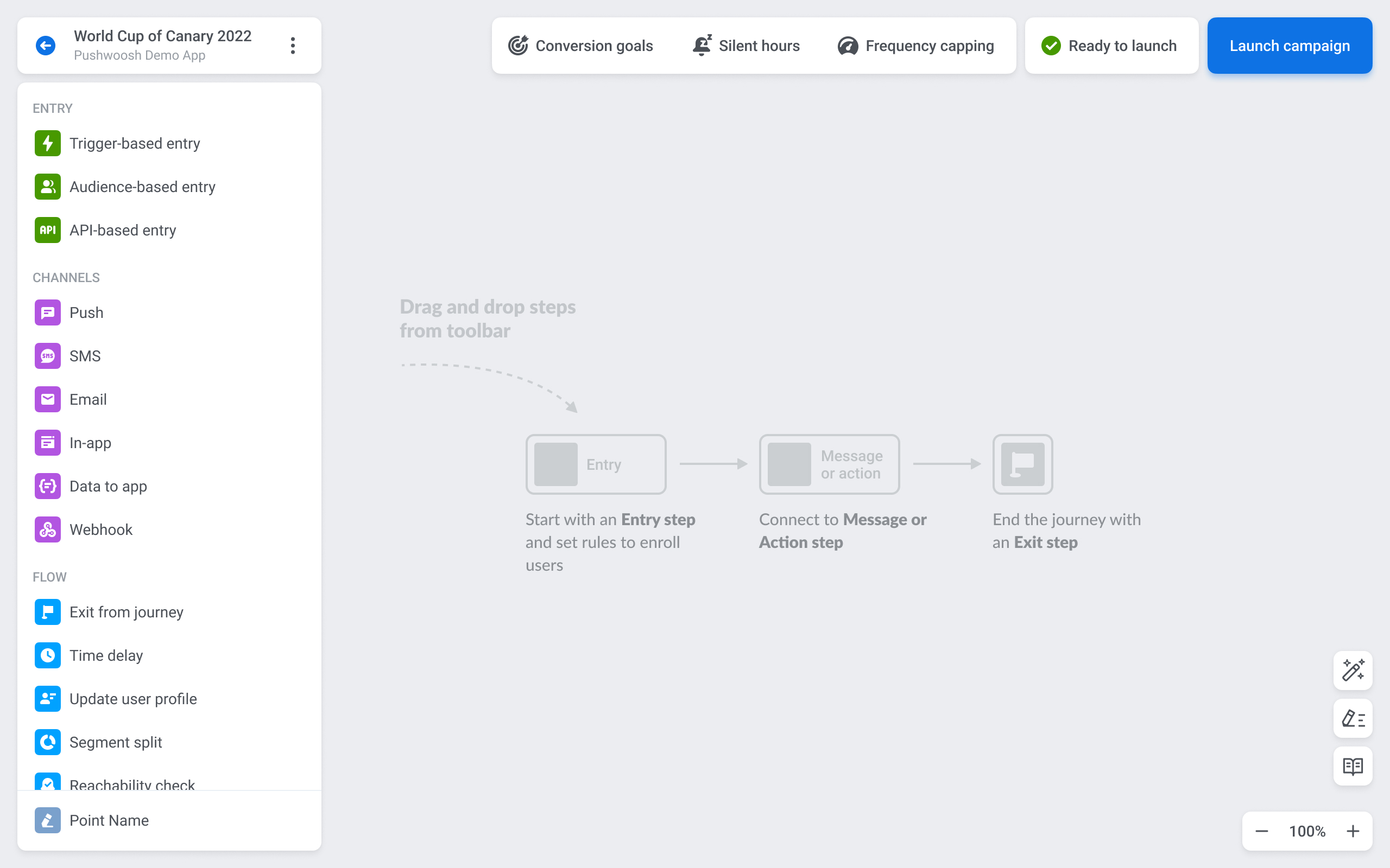 Pushwoosh campaign builder and automation flow overview