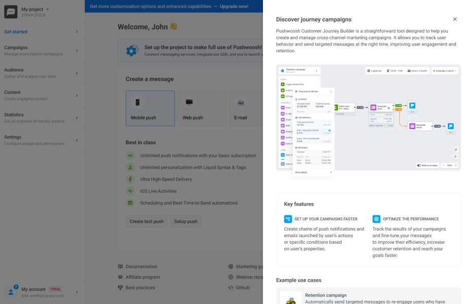 Pushwoosh guided discovery modal for journey campaigns