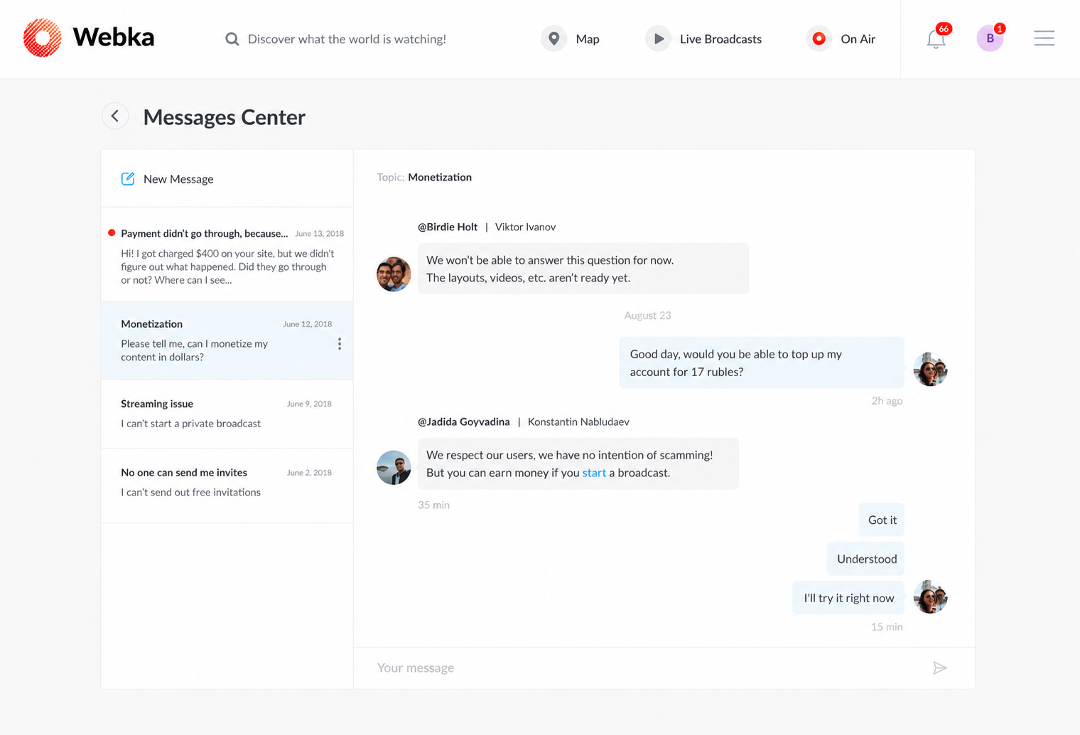 Webka broadcast creation