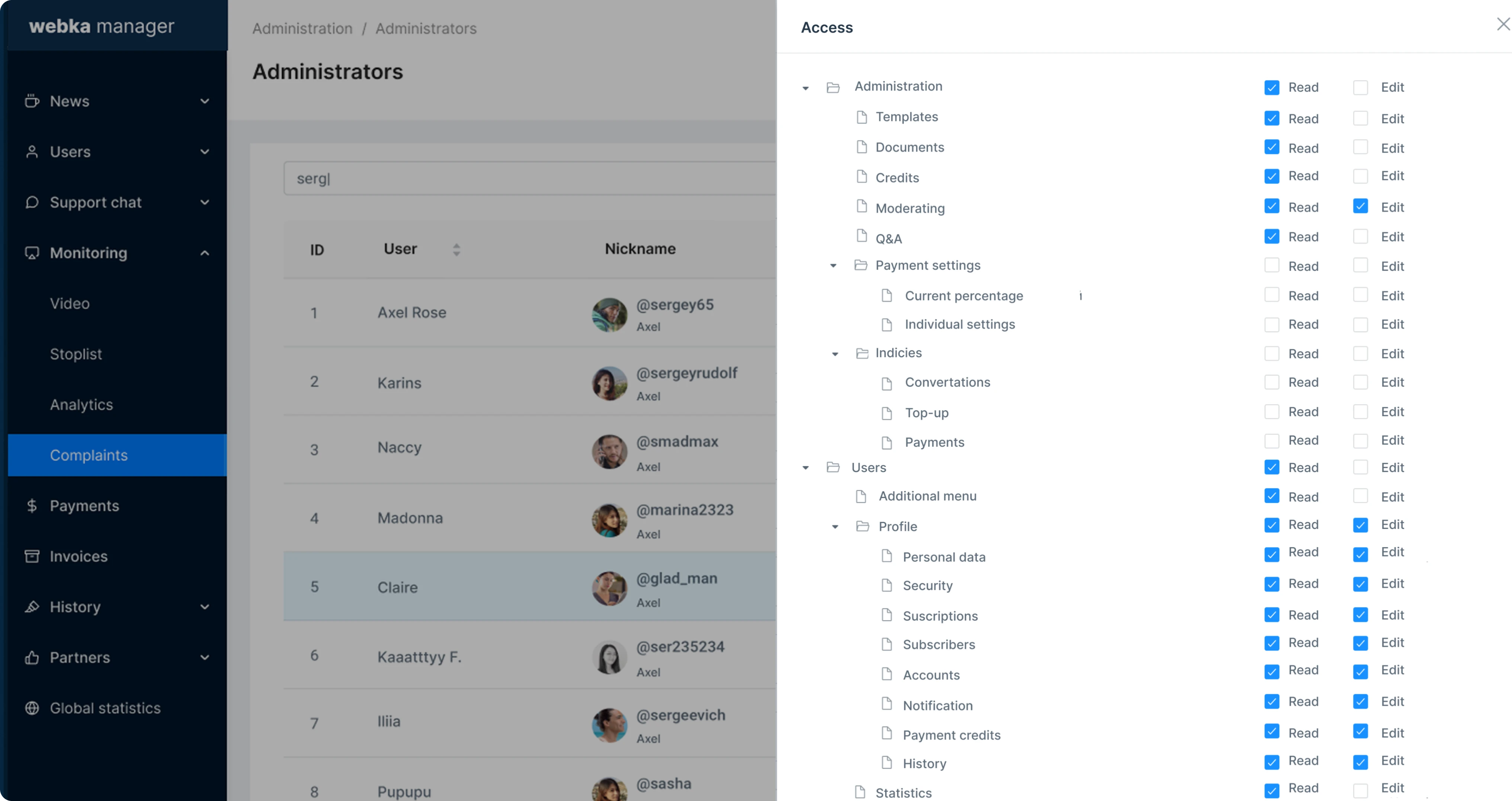 Webka moderation dashboard
